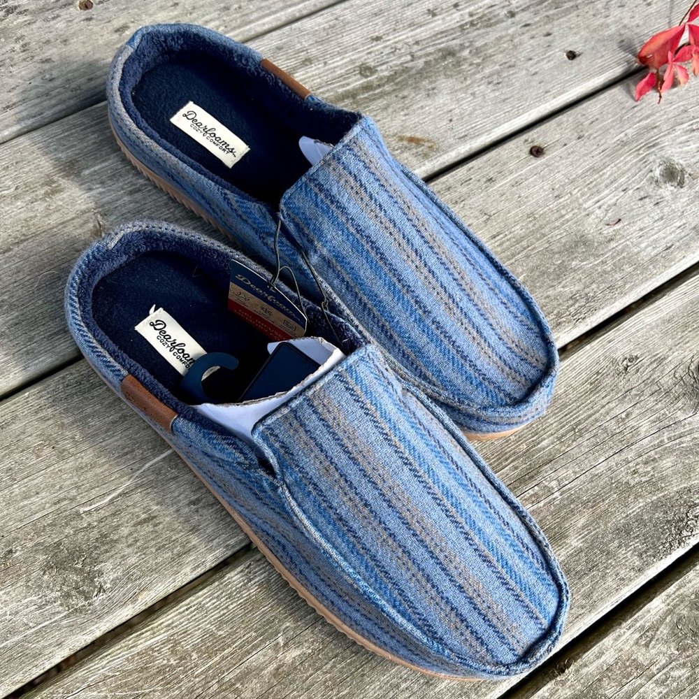 DEARFOAMS COZY COMFORT MEN’S BLUE/TAN STRIPED NOTCH CLOG SLIPPER NWT